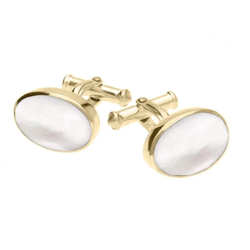 Cufflinks with subtle animal motifs for an understated and stylish look-9ct Yellow Gold Mother Of Pearl Oval Cushion Cufflinks