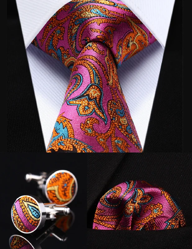 Unique cufflinks with quirky designs for a fun and personalized accessory-Party Wedding Classic Pocket Square Tie TZP12K8 Pink Orange Paisley 3.4" Silk Men Tie Necktie Handkerchief Cufflinks Set