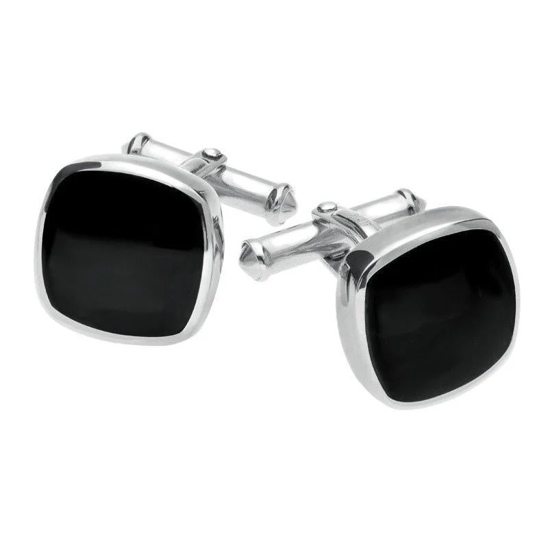 Cufflinks with custom logos for a branded and professional look-Sterling Silver Whitby Jet Square Cushion Cufflinks