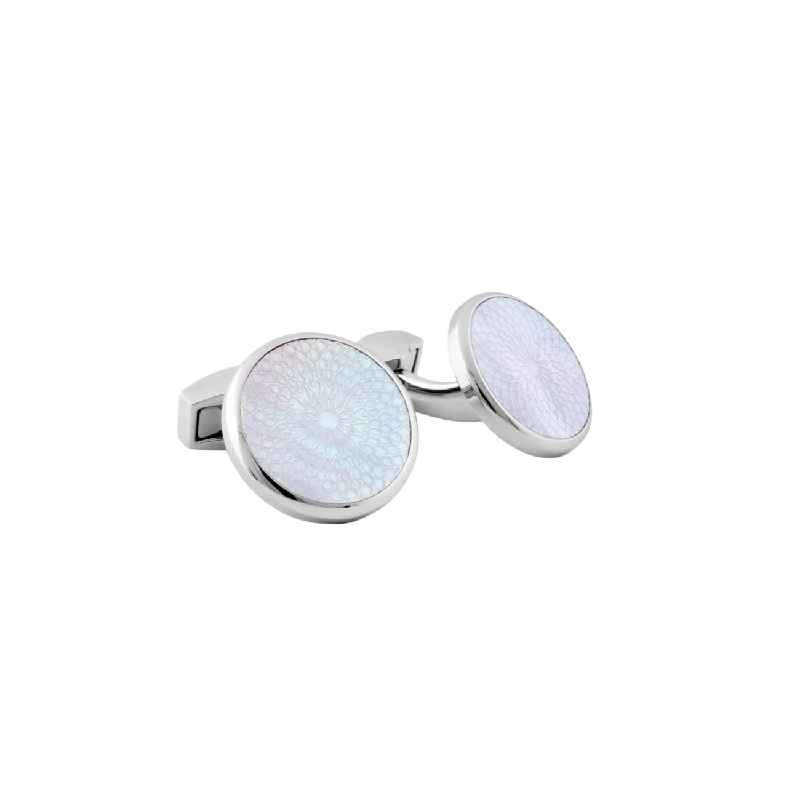 Designer cufflinks with intricate patterns for a high-fashion and stylish look-Tateossian Rotondo Guilloché cufflinks with white mother of pearl in silver rhodium plated stainless steel