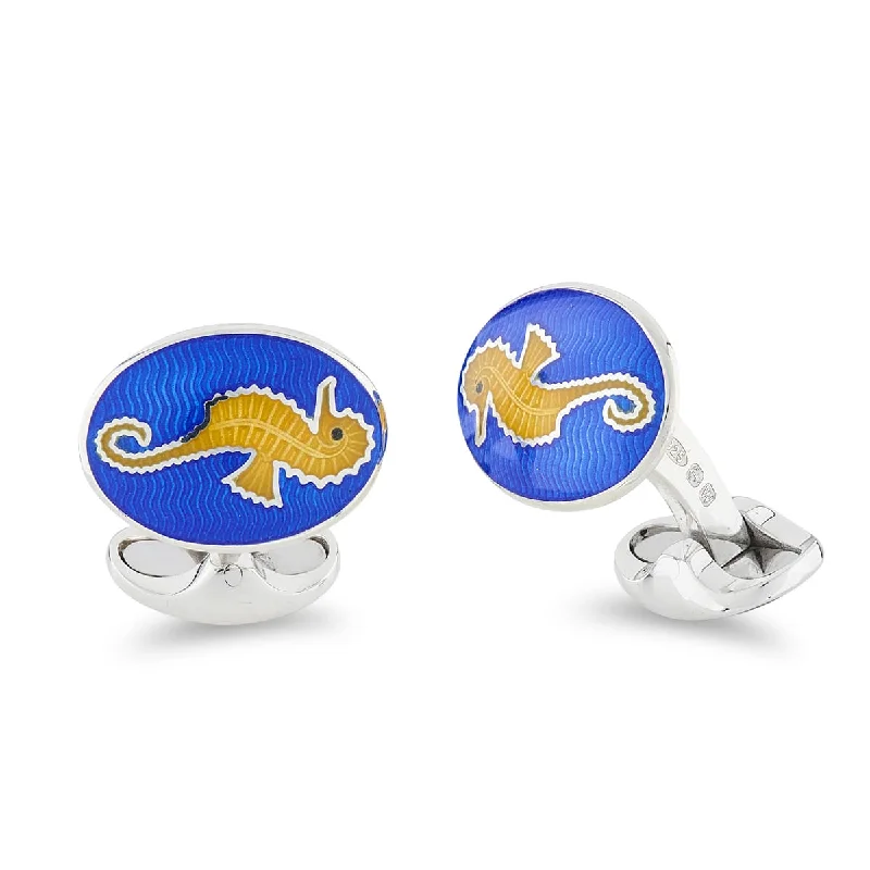 Cufflinks with black onyx stones for a refined and luxurious look-Deakin & Francis Cufflinks Sterling Silver Blue And Yellow Enamel Seahorse