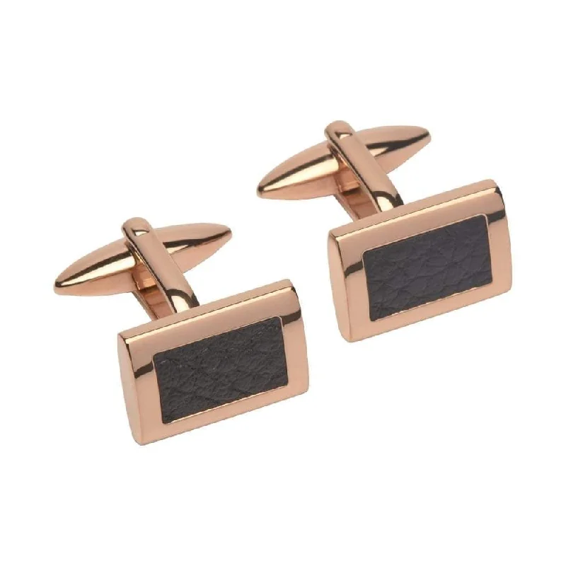 Designer cufflinks with intricate patterns for a high-fashion and stylish look-Rose gold rectangle cufflinks with black leather