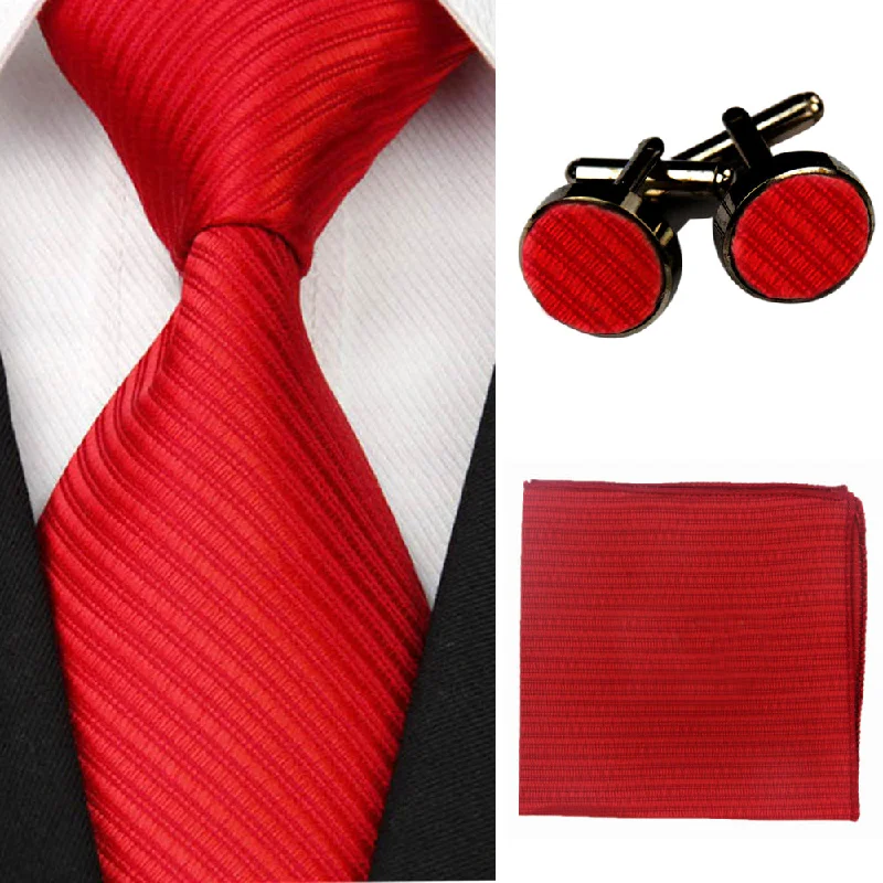 Cufflinks with vintage military designs for a distinctive and bold look-Accessories Ties for Men Solid Striped Pattern Business Silk Tie Sets Hanky Handkerchief Cufflinks Red Black Necktie Gravatas