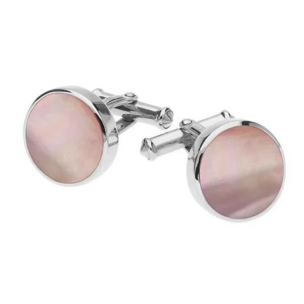 Cufflinks with quirky animal designs for a fun and distinctive style-Sterling Silver Pink Mother Of Pearl Round Shape Cufflinks