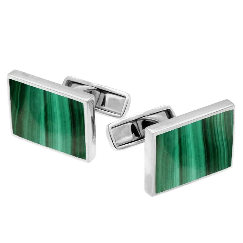 Cufflinks with celestial motifs for a cosmic and mystical fashion statement-Sterling Silver Malachite Oblong Shaped Cufflinks