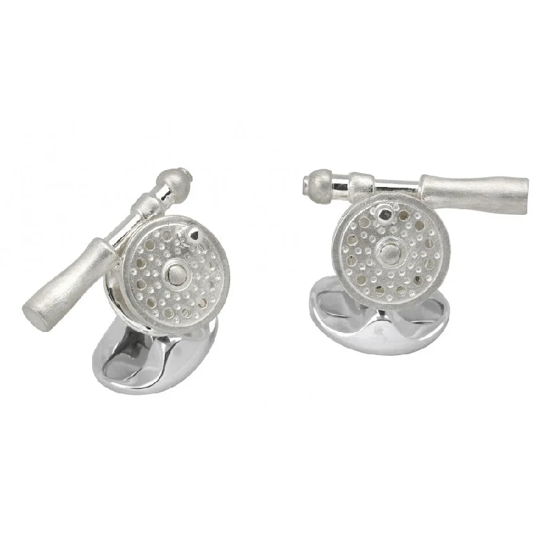 Cufflinks with luxury enamel inlays for a polished and vibrant appearance-Deakin & Francis Sterling Silver Fly Fishing Reel Cufflinks