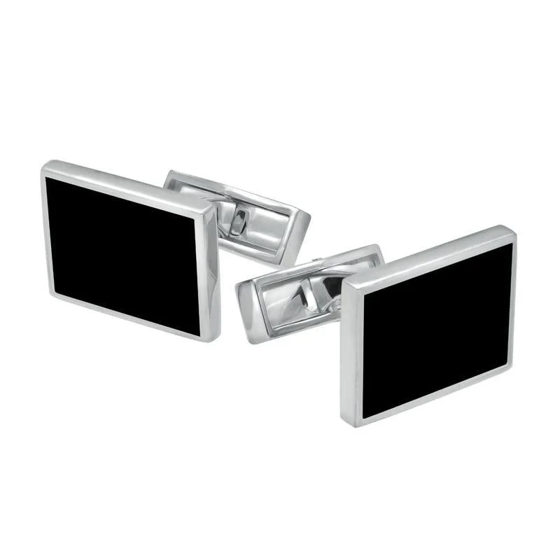 Cufflinks with luxe pearl inlays for a refined, classic look-Sterling Silver Whitby Jet Twin Stone Oblong Cufflinks