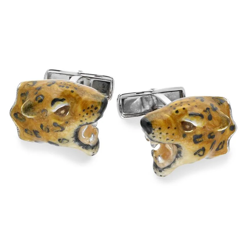 Best cufflinks for men with personalized birthstone options for meaningful gifts-Saturno Sterling Leopard Enamel Spaniel Cufflinks D