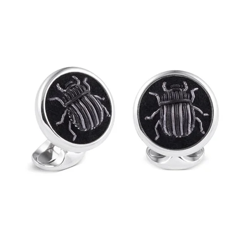 Classic cufflinks with simple round shapes for an elegant and versatile accessory-Deakin & Francis Cufflinks Sterling Silver Embroidered Black And Grey Bug