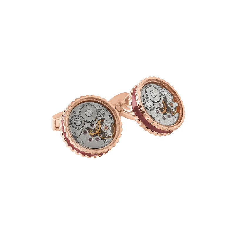 Cufflinks with textured metal finishes for a rugged and stylish appearance-Tateossian Round Skeleton Gear cufflinks with Burgundy enamel in Rose Gold plated stainless steel