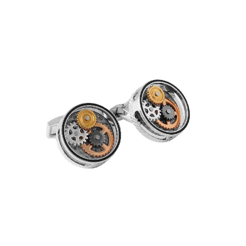 Best cufflinks with blue enamel designs for a pop of color and elegance-Tateossian Round Gear Carbon Fibre cufflinks with rhodium finish