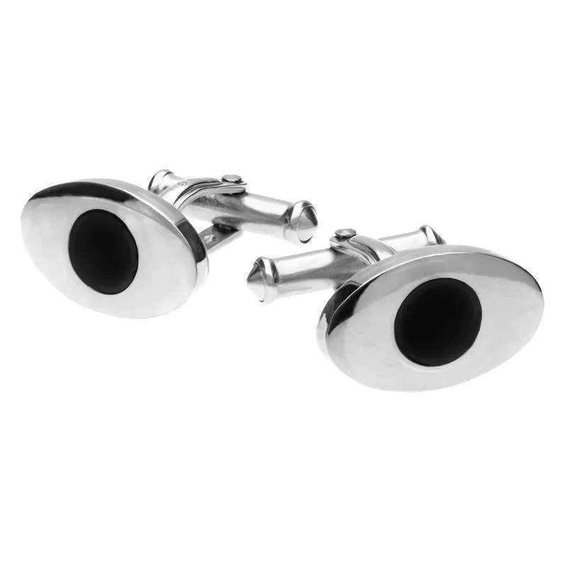 Best cufflinks for weddings with silver or gold finishes for a timeless appeal-Sterling Silver Whitby Jet Flat Oval Round Stone Cufflinks