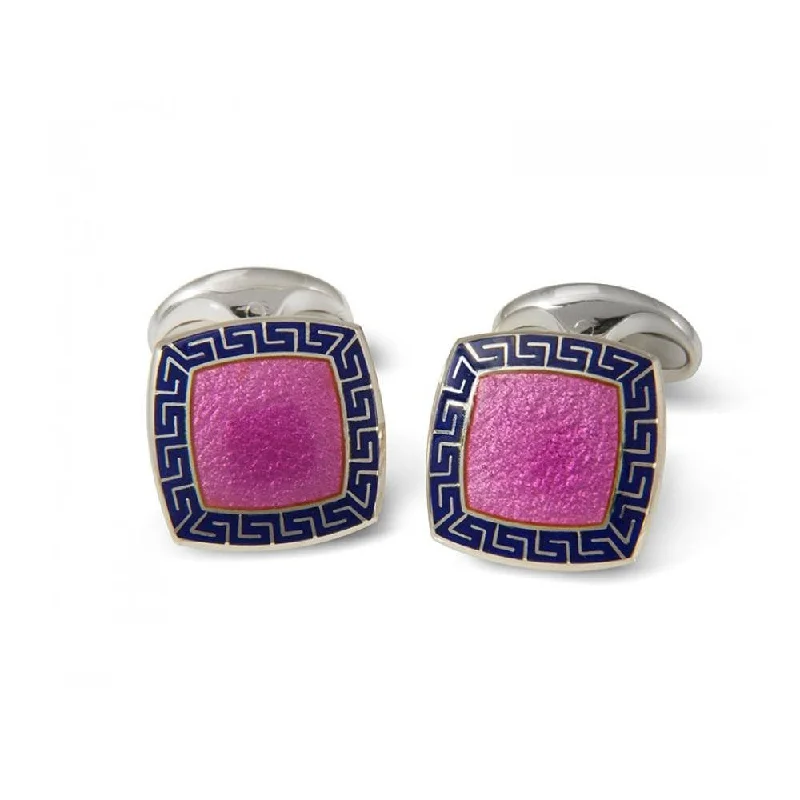 Classic cufflinks with simple round shapes for an elegant and versatile accessory-DEAKIN & FRANCIS Sterling Silver Pink Enamel Cufflinks with Blue Patterned Border