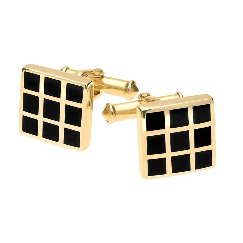 Cufflinks with artistic designs for a one-of-a-kind accessory-9ct Yellow Gold Whitby Jet Chequered Cufflinks D