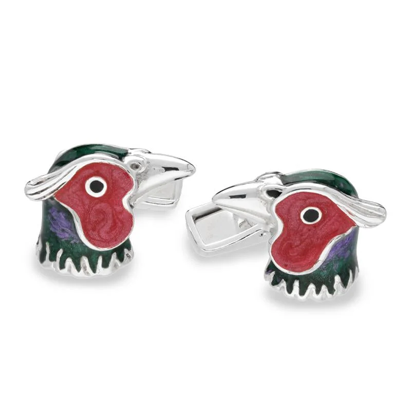 Cufflinks with classic black enamel for a sleek and timeless design-Saturno Sterling Silver Enamel Pheasant Cufflinks