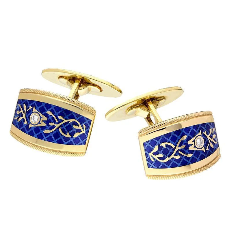 Best cufflinks with silver plating for an affordable yet luxurious appearance-Wellendorff 18ct Yellow Gold Diamond Blue Enamel Cufflinks