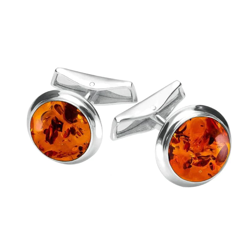 Best cufflinks with blue enamel designs for a pop of color and elegance-Sterling Silver Amber Round Domed Cufflinks D