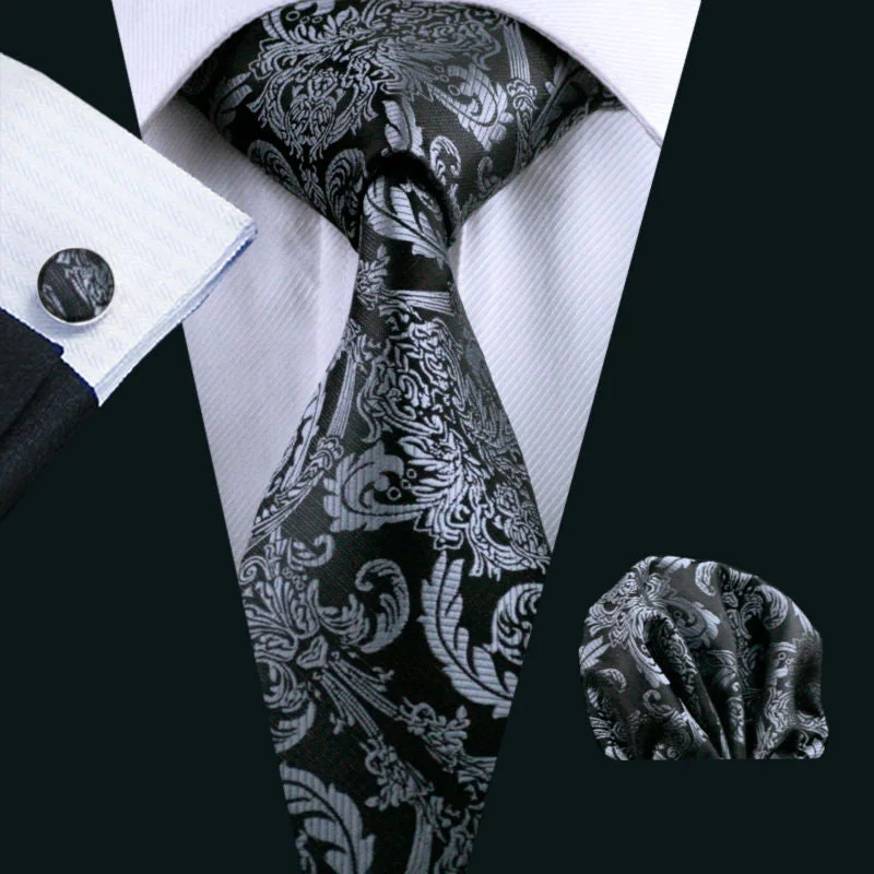 Cufflinks with animal prints for a bold and fashionable accessory-LS-822 Mens Tie Black Paisley 100% Silk Classic Barry.Wang Tie Hanky Cufflinks Set For Men Formal Wedding Party Groom Hot Sell