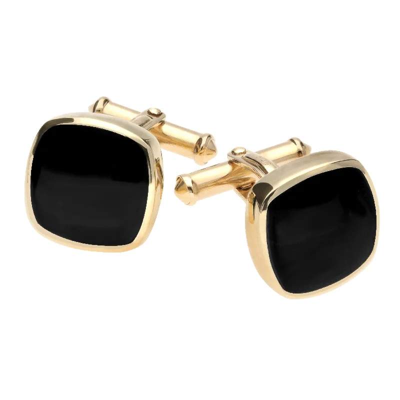 Cufflinks with sports-related designs for fans and athletes looking to showcase their interests-9ct Yellow Gold Whitby Jet Square Cushion Cufflinks