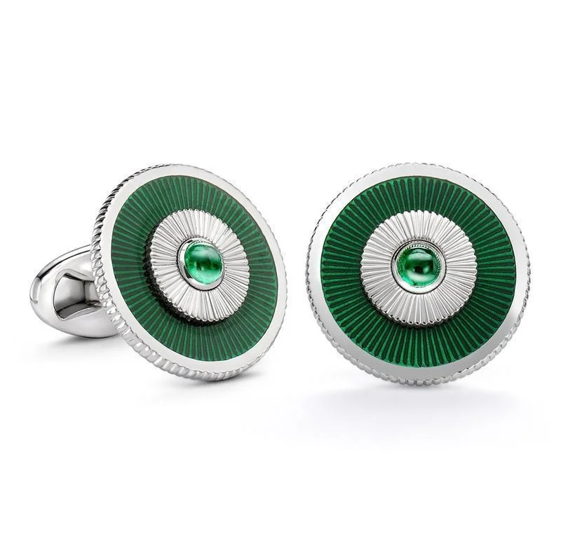 Cufflinks with abstract designs for a modern and artistic fashion statement-Faberge 18ct White Gold Emerald Green Enamel Cufflinks