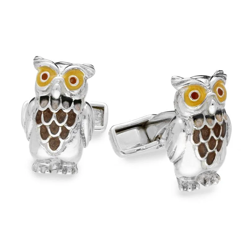 Cufflinks with military insignia designs for a bold, distinguished look-Saturno Sterling Silver Enamel Owl Cufflinks D