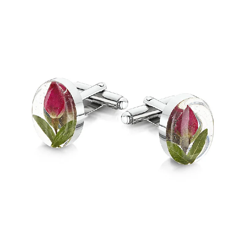 Cufflinks with military insignia designs for a bold, distinguished look-Shrieking Violet Cufflinks Rosebud Oval Silver D