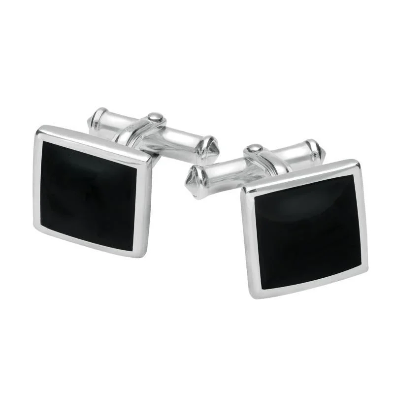 Cufflinks with black onyx stones for a refined and luxurious look-Sterling Silver Whitby Jet Square Flat Cufflinks