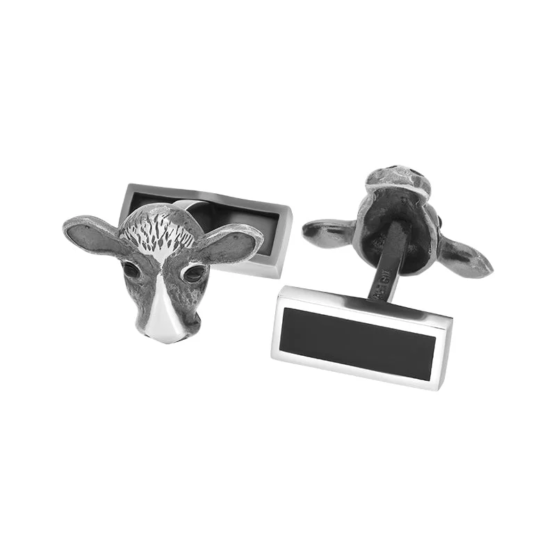 Cufflinks with engraved logos for a personalized and branded accessory-Sterling Silver Whitby Jet Cow Cufflinks