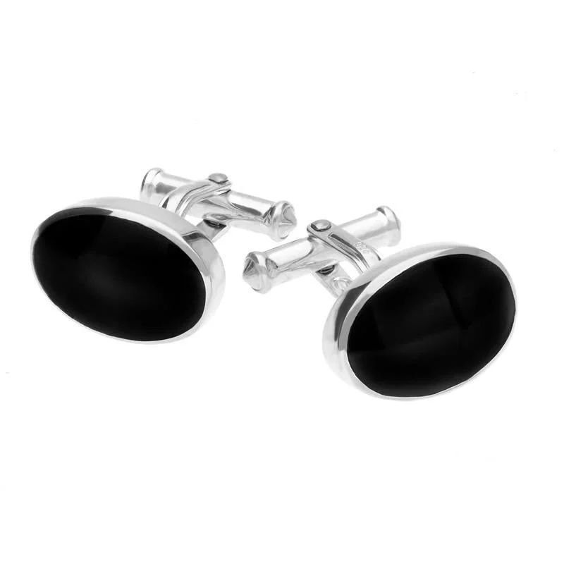 Best cufflinks with durable enamel finishes for long-lasting wear and vibrant color-Sterling Silver Whitby Jet Oval Cushion Cufflinks