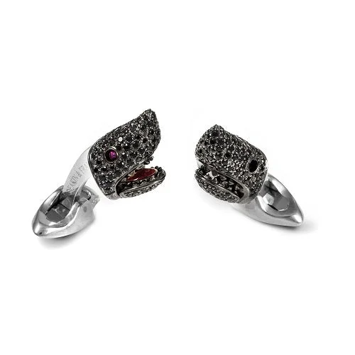 Best cufflinks for special occasions with precious stones for a luxurious touch-Deakin & Francis Sterling Silver Black Spinel Shark Head With Ruby Eyes