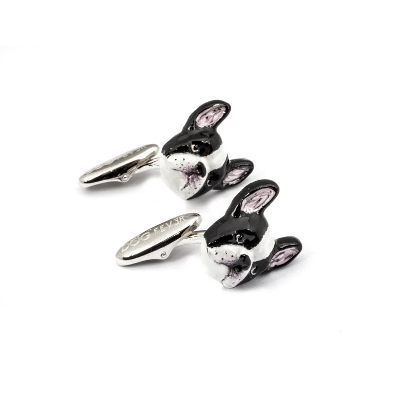 Cufflinks with geometric patterns for a sharp and fashionable look-Dog Fever Sterling Silver Enamelled French Bulldog Muzzle Cufflinks