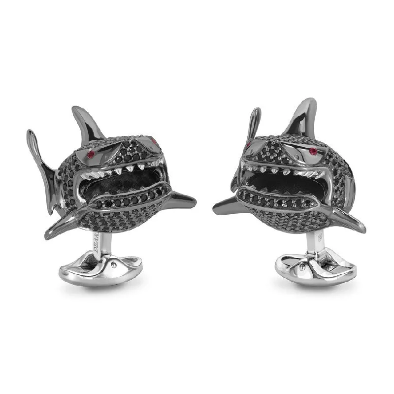 Best cufflinks with enamel inlays for a colorful and artistic touch-Deakin & Francis Sterling Silver Black Spinel Shark Cufflinks