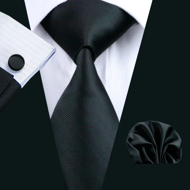 Cufflinks with engraved logos for a personalized and branded accessory-LS-840 Mens Tie Black Solid 100% Silk Classic Barry.Wang Tie+Hanky+Cufflinks Set For Men Formal Wedding Party Free Shipping