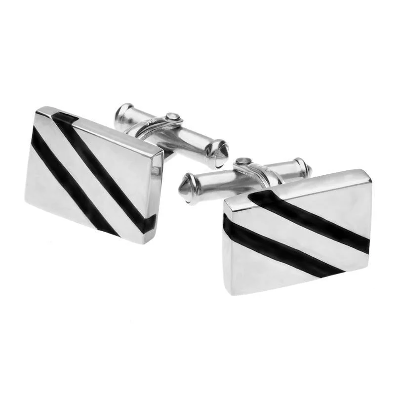 Best cufflinks for business attire with simple, sleek designs for professionals-Sterling Silver Whitby Jet Oblong Slither Cufflinks