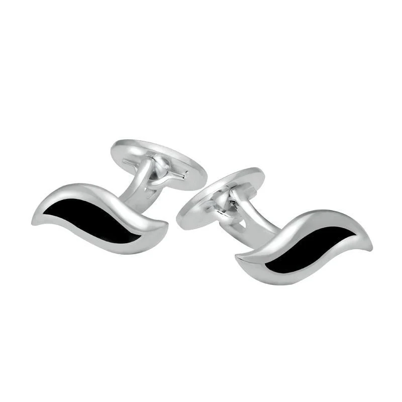 Personalized cufflinks with engravings for a thoughtful and custom gift idea-Sterling Silver Whitby Jet Wave Link Cufflinks