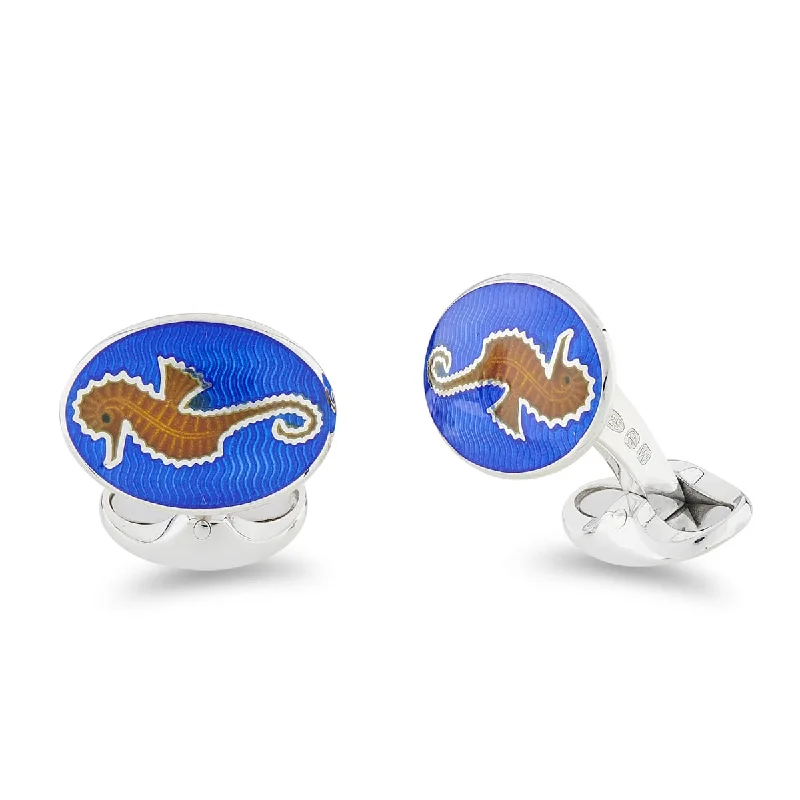 Cufflinks with custom logos for a branded and professional look-Deakin & Francis Cufflinks Sterling Silver Blue And Orange Enamel Seahorse