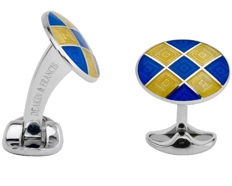 Cufflinks with animal prints for a bold and fashionable accessory-Deakin & Francis Cufflinks Sterling Silver Royal Blue Bright Yellow Patterened Enamel