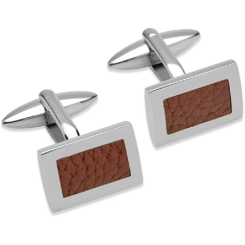 Classic cufflinks with simple round shapes for an elegant and versatile accessory-Steel brown leather rectangle cufflinks