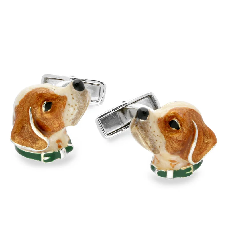 Cufflinks with subtle animal motifs for an understated and stylish look-Saturno Sterling Silver Enamel Spaniel Cufflinks D