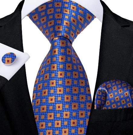 Cufflinks with crystal embellishments for added sparkle and sophistication-Classy Blue with Orange Squares Geometric Patterned Tie Set