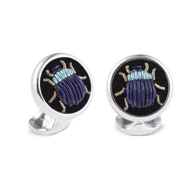 Cufflinks with quirky animal designs for a fun and distinctive style-Deakin & Francis Cufflinks Sterling Silver Embroidered Light And Dark Blue Bug