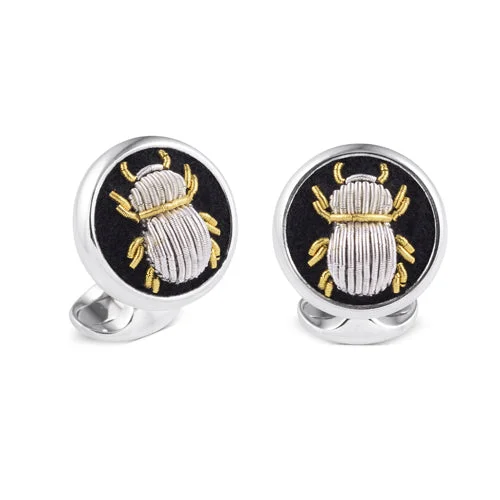 Cufflinks with engraved logos for a personalized and branded accessory-Deakin & Francis Cufflinks Sterling Silver Embroidered Silver And Gold Bug