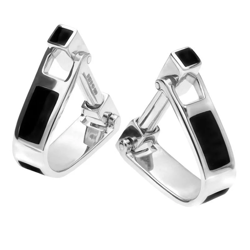 Cufflinks with luxe pearl inlays for a refined, classic look-Sterling Silver Whitby Jet Inlaid Oblong Hoop Cufflinks