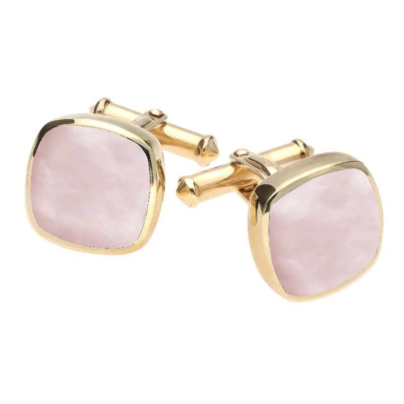 Best cufflinks for the office with simple yet stylish designs for business attire-9ct Yellow Gold Pink Mother Of Pearl Square Cushion Cufflinks