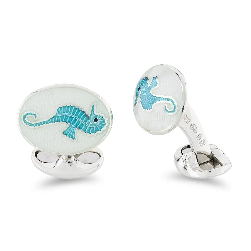 Cufflinks with sports-related designs for fans and athletes looking to showcase their interests-Deakin & Francis Cufflinks Sterling Silver Clear And Turquoise Enamel Seahorse