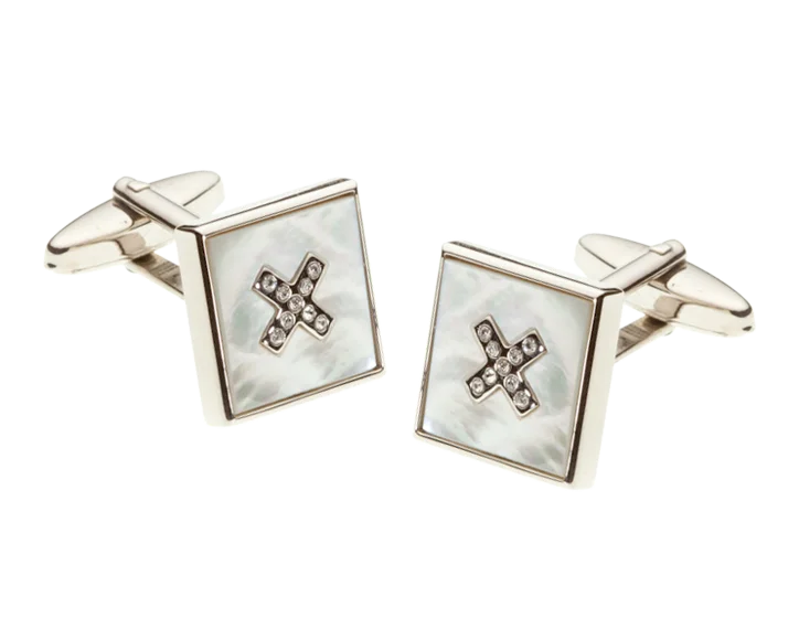 Cufflinks with engraved logos for a personalized and branded accessory-Mother Of Pearl Crystal Cross Square Cufflinks