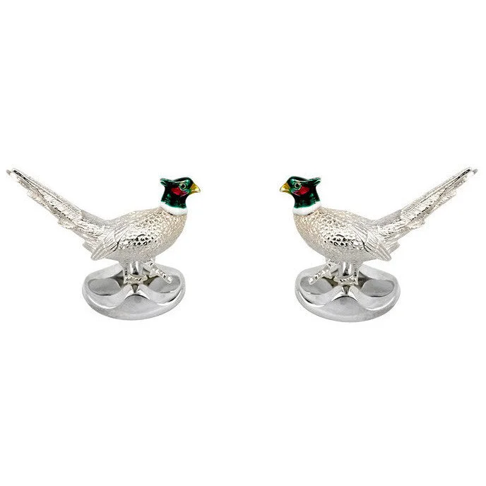 Cufflinks with classic black enamel for a sleek and timeless design-Deakin & Francis Cufflinks Silver Pheasant