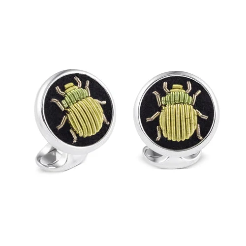 Best cufflinks for special occasions with precious stones for a luxurious touch-Deakin & Francis Cufflinks Sterling Silver Embroidered Green Bug