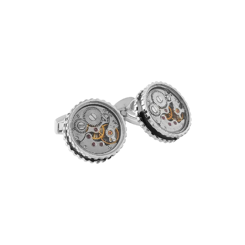 Cufflinks with engraved patterns for a personalized and intricate touch-Tateossian Round Skeleton Gear cufflinks with black enamel in stainless steel