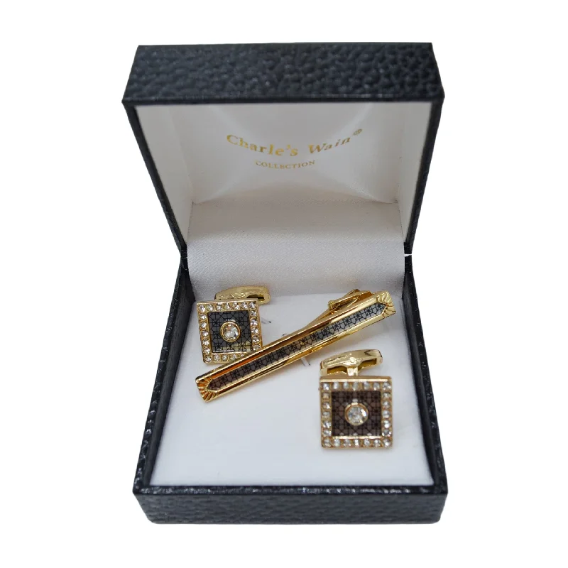 Best cufflinks with vintage cufflinks case for a stylish presentation and storage-CUFFLINK & TIE BAR SET - Charle's Wain Crystal collection